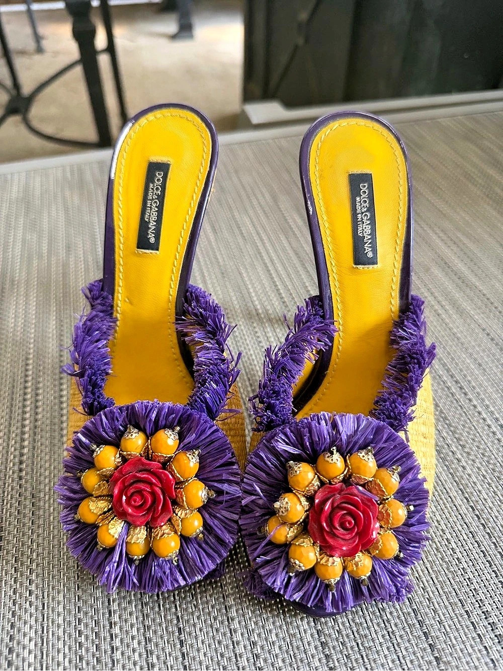 Dolce & Gabbana Raffia Floral Fringe Heels in Yellow & Purple - Picture 3 of 8